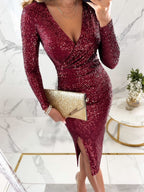 Sequins Fine Flash V-neck Hip-hugging Tight Fit Slit Parties Midi Dresses