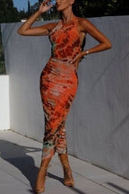 Halter Backless Cut Out Mesh Overlay Tie Dye Bodycon Midi Dress