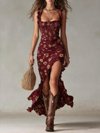 Bohemian Retro Floral Ruffled Sleeveless Camisole With High Slit Maxi Dresses