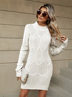 Knitting Crew Neck Jacquard Long Sleeve Mini&Short Dresses