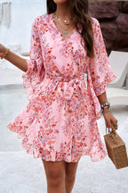 Floral Print Wrap V-Neck Three Quarter Sleeve Tie Waist Ruffle Hem Mini Dress