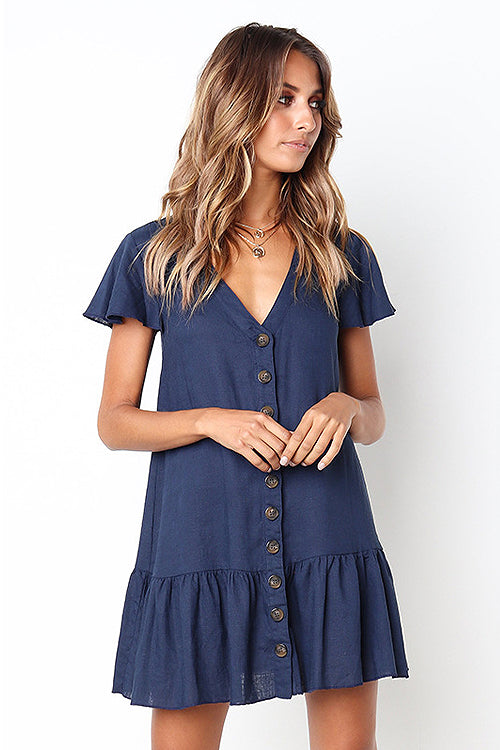 Linen Look V-Neck Button Front Flutter Sleeve Ruffle Hem Mini Dress