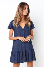 Linen Look V-Neck Button Front Flutter Sleeve Ruffle Hem Mini Dress