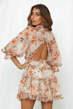 Floral Print Deep V-Neck Bishop Sleeve Tiered Ruffle Mini Dress