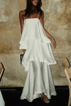 Spaghetti Strap Ruffle Layered Satin Maxi Dress