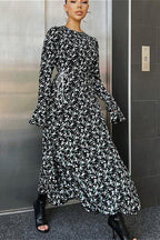 Flared Sleeve Round Neck Ruched Waist Floral Dress