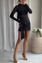 Anna Semi-sheer Lace Long Sleeve Back Bow Tie-up Cutout Stretch Bodysuit