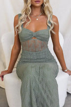Mesh Panel Twist Front Sweetheart Cut Out Ruched Maxi Dress