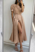 Puff Sleeve Pearl Button Front Satin Side Slit Midi Dress