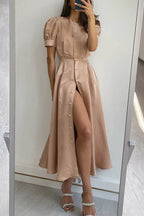 Puff Sleeve Pearl Button Front Satin Side Slit Midi Dress