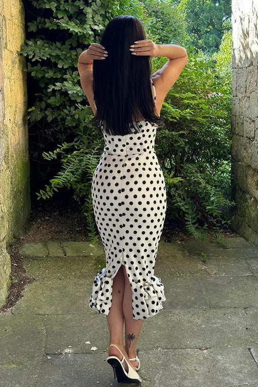 White Spaghetti Strap Sweetheart Neck Polka Dot Ruffle Hem Midi Dress