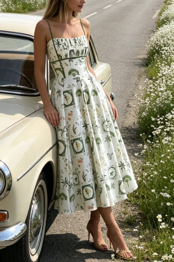 Unique Printed Thin-strapped Pleated Waist Casual Maxi Dress