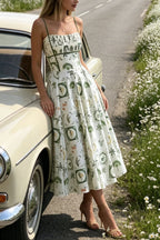 Unique Printed Thin-strapped Pleated Waist Casual Maxi Dress