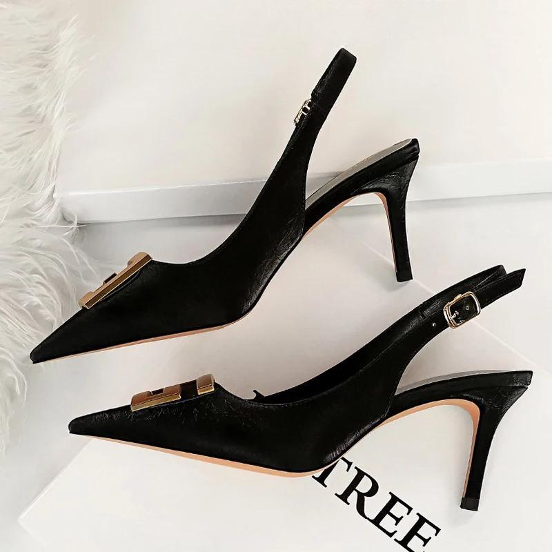 Metal Square Buckle High Heel Stiletto Pumps for Women, Pointed Toe Sexy Party Shoes