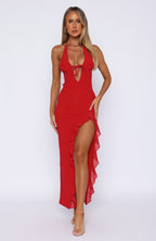 Halter Neck Keyhole Tie Front Ruffle Trim High Slit Bodycon Maxi Dress