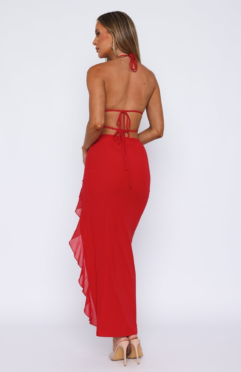 Halter Neck Keyhole Tie Front Ruffle Trim High Slit Bodycon Maxi Dress
