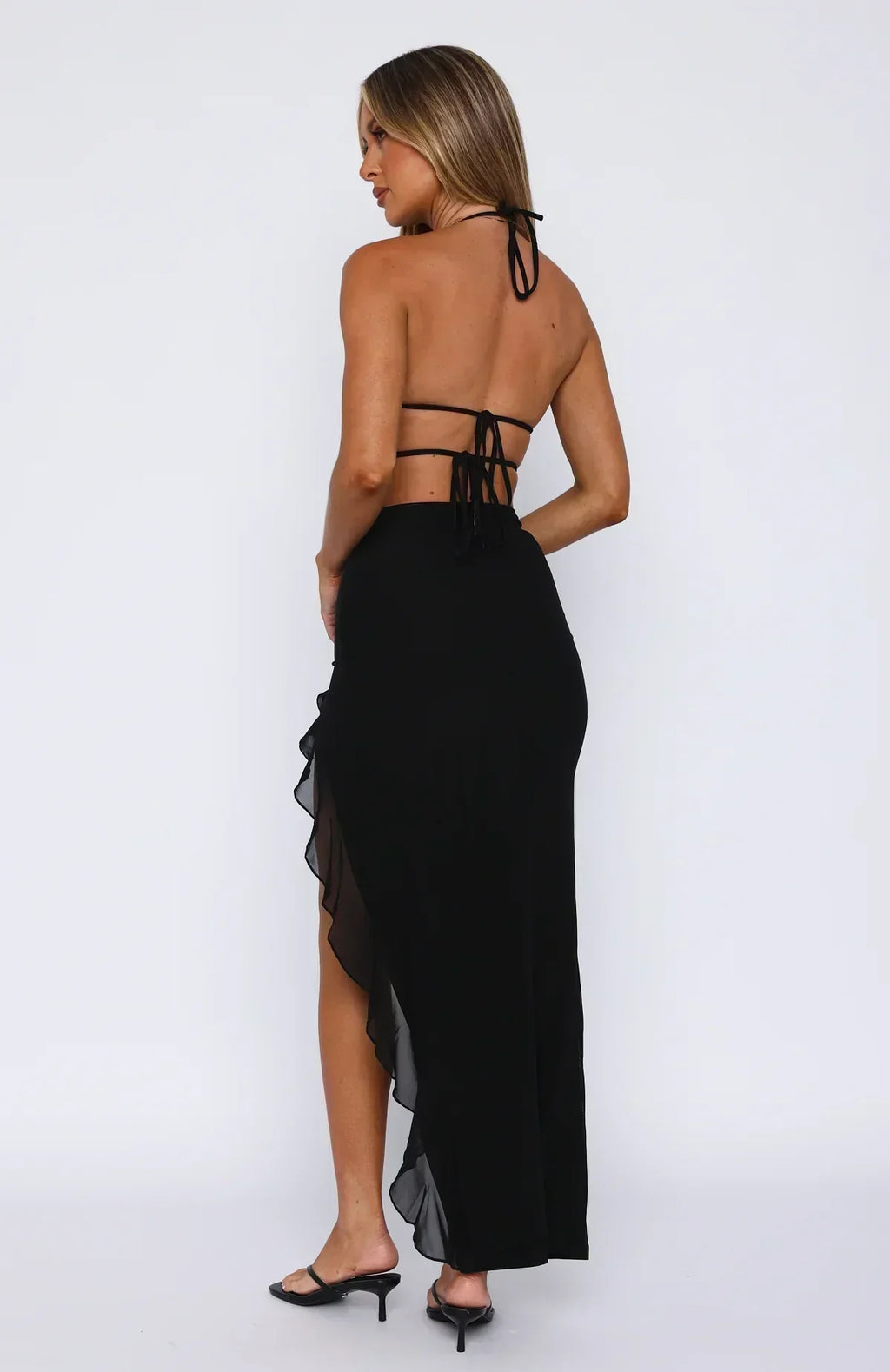 Halter Neck Keyhole Tie Front Ruffle Trim High Slit Bodycon Maxi Dress