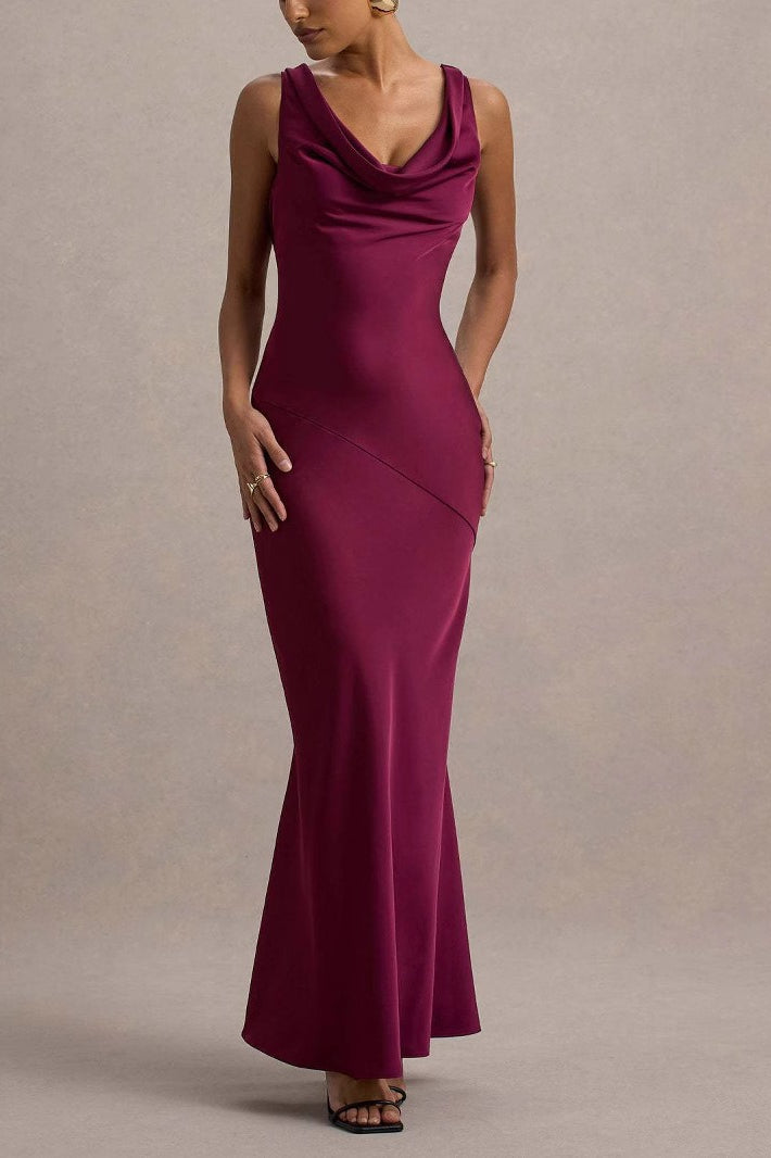 Satin Cowl Neck Wide Strap Diagonal Panel Column Maxi Gown