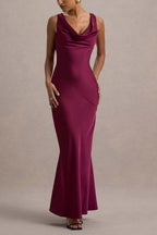 Satin Cowl Neck Wide Strap Diagonal Panel Column Maxi Gown
