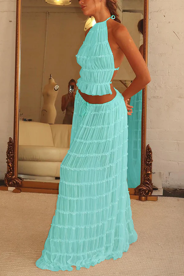 Versatility and Vintage Charm Pleated Drawstring Waist Tiered Maxi Skirt