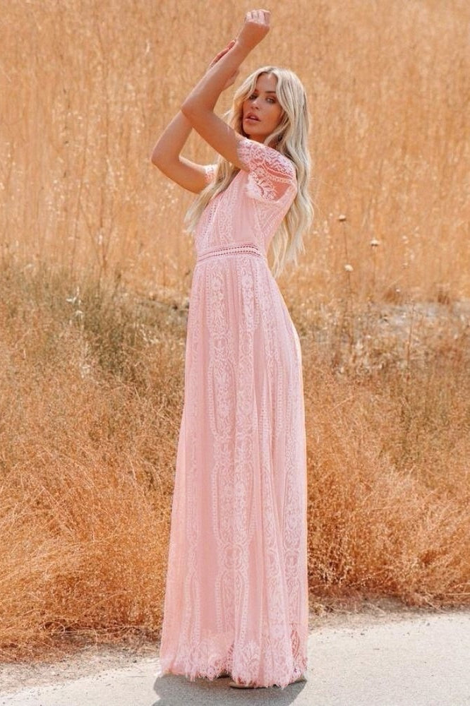 Deep V Neck Lace Cap Sleeve Empire Waist Scalloped Hem Maxi Dress