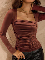 Brown Square Neck Ruched Long Sleeve Slim Fit Top For Women 2026