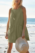Solid Color Casual Round Neck Sleeveless Pocket Loose Rompers