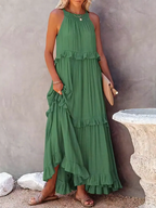 High Neck Smocked Halter Sleeveless Tiered Ruffle Maxi Dress
