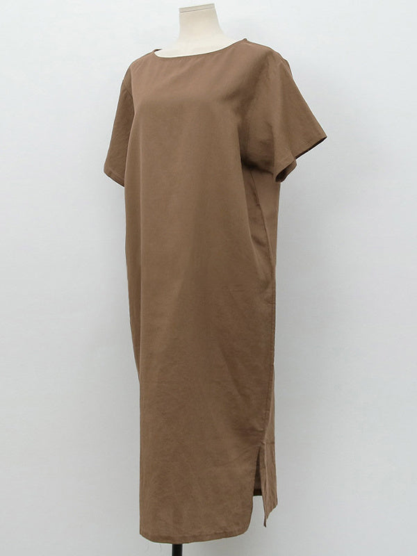 Pure Cotton Solid Color Short-sleeved Midi Dress With Slit
