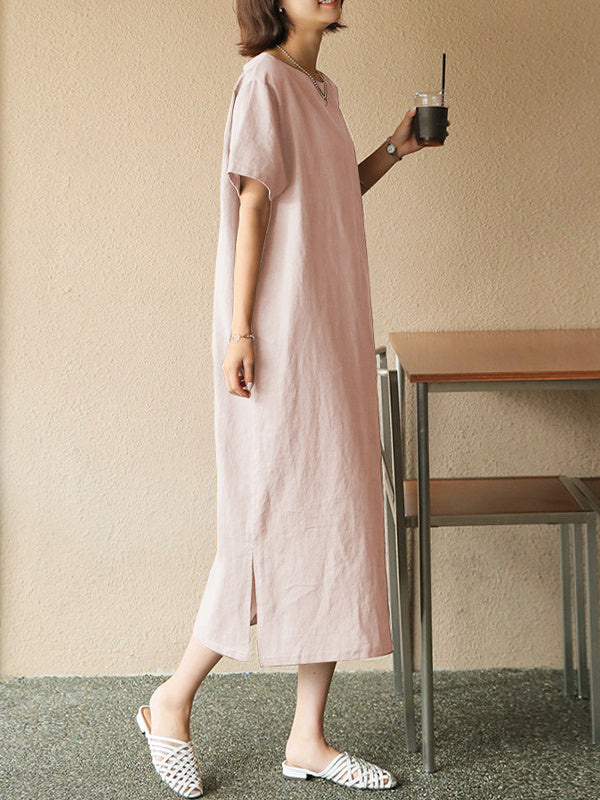 Pure Cotton Solid Color Short-sleeved Midi Dress With Slit