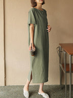 Pure Cotton Solid Color Short-sleeved Midi Dress With Slit