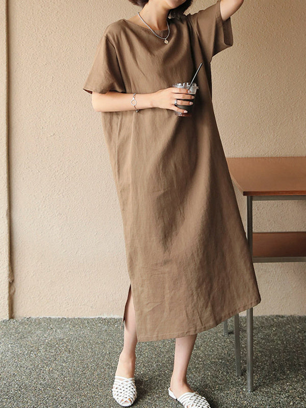 Pure Cotton Solid Color Short-sleeved Midi Dress With Slit