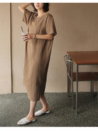 Pure Cotton Solid Color Short-sleeved Midi Dress With Slit