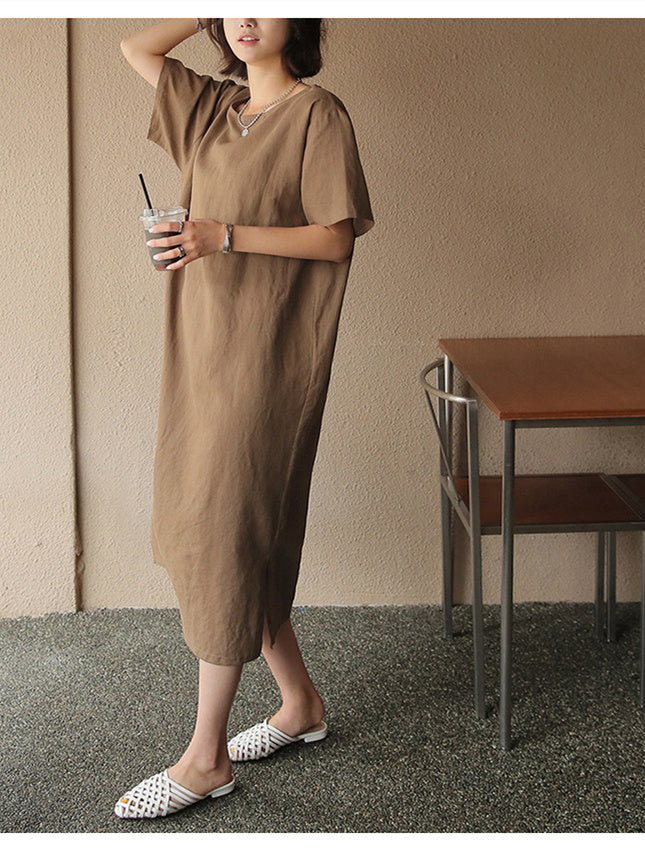 Pure Cotton Solid Color Short-sleeved Midi Dress With Slit