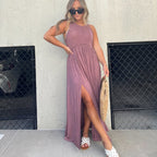 Crew Neck Tiered Seam Double Front Slit Sleeveless Maxi Dress
