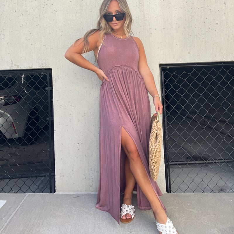 Crew Neck Tiered Seam Double Front Slit Sleeveless Maxi Dress