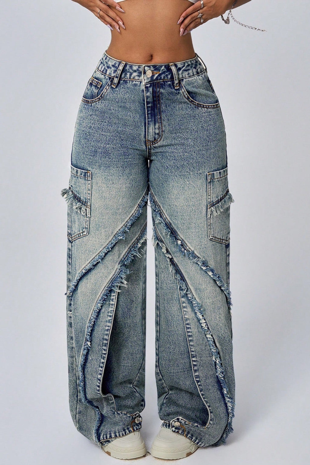 Wide Leg Raw Hem Patchwork Loose Fashion Jeans