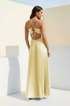 Sky Blue Halter Pleated Satin A Line Prom Dresses With Cutout