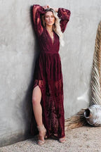Deep V Neck Long Sleeve Floral Embroidered Mesh High Slit Maxi Dress