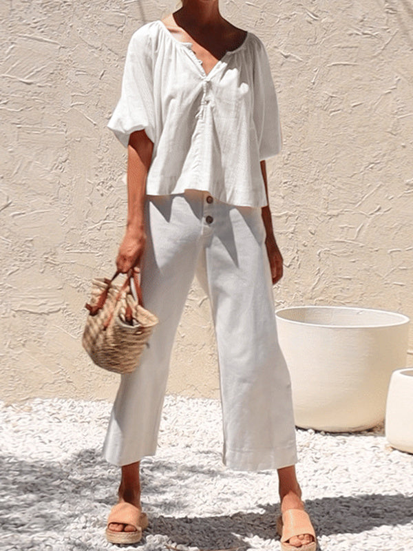 Basic Cotton Short-sleeved Sheer Chiffon Casual Top