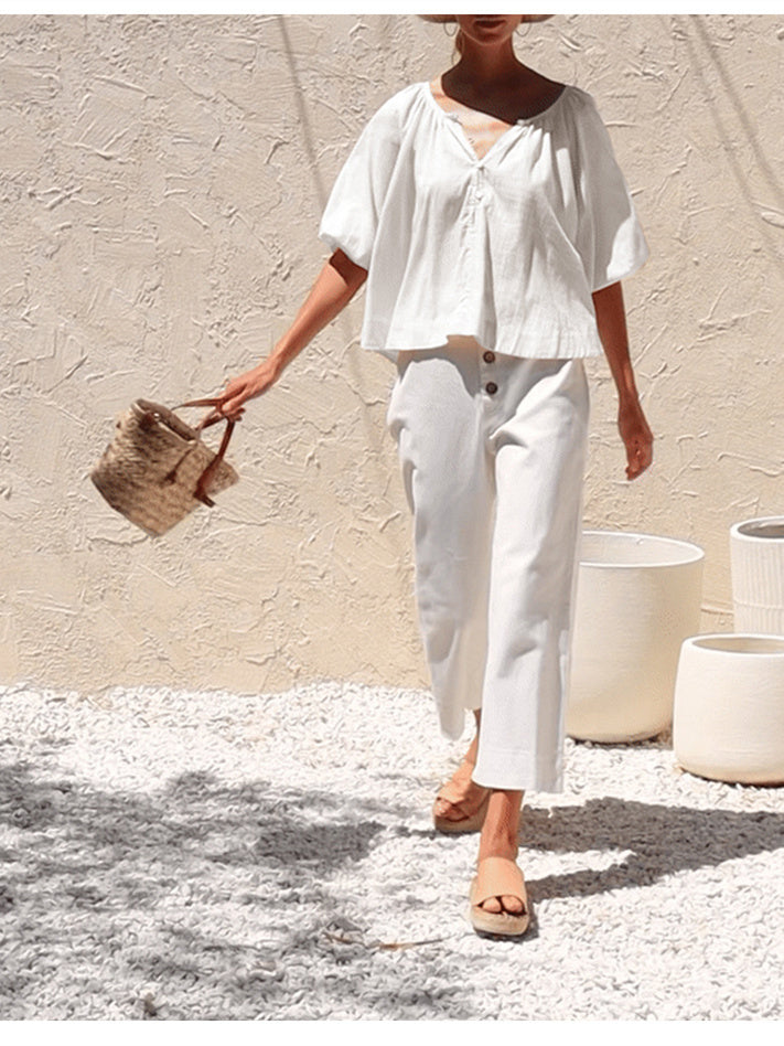 Basic Cotton Short-sleeved Sheer Chiffon Casual Top