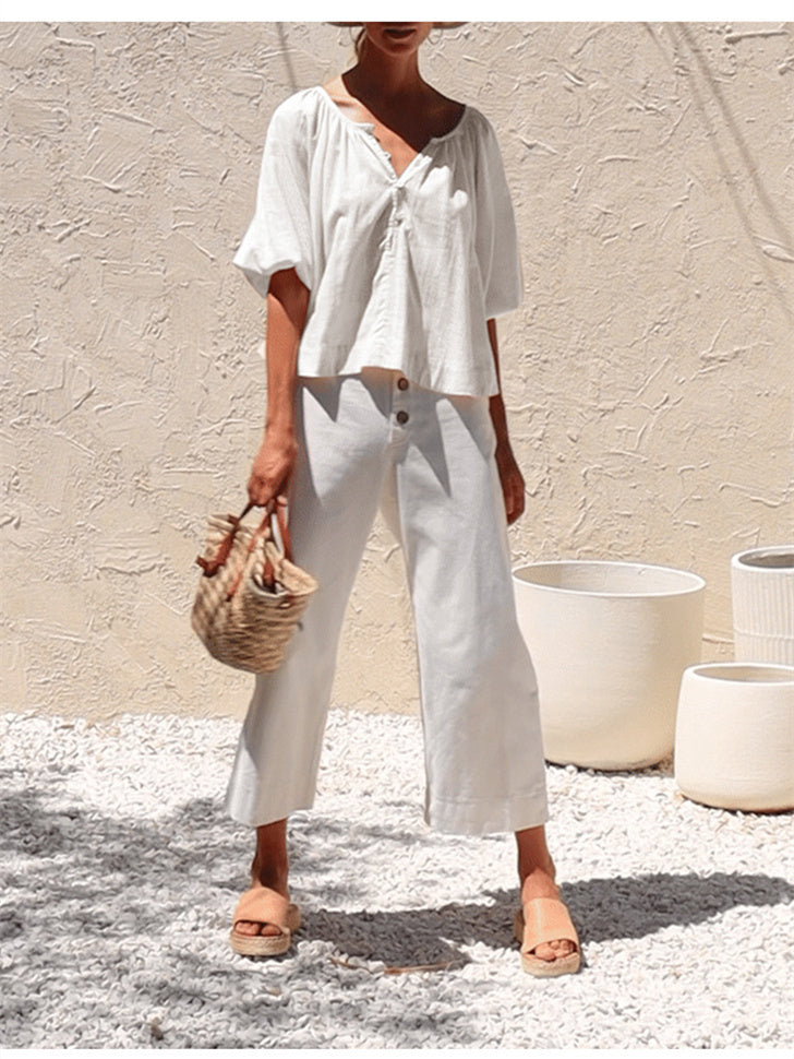 Basic Cotton Short-sleeved Sheer Chiffon Casual Top