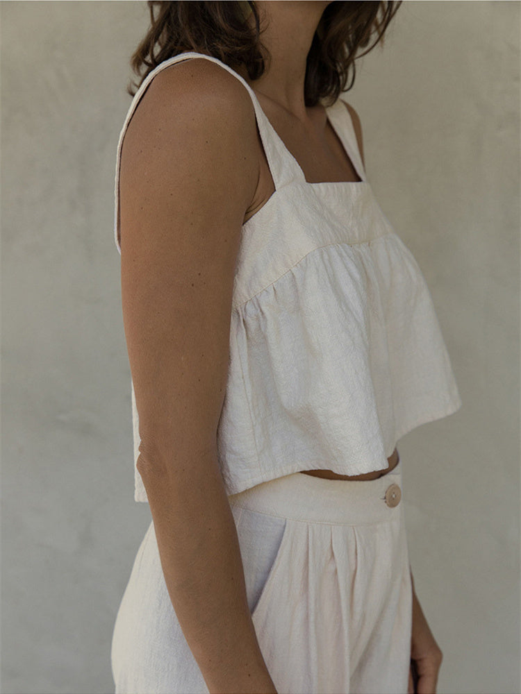Plain Cotton And Linen Backless Tank Top