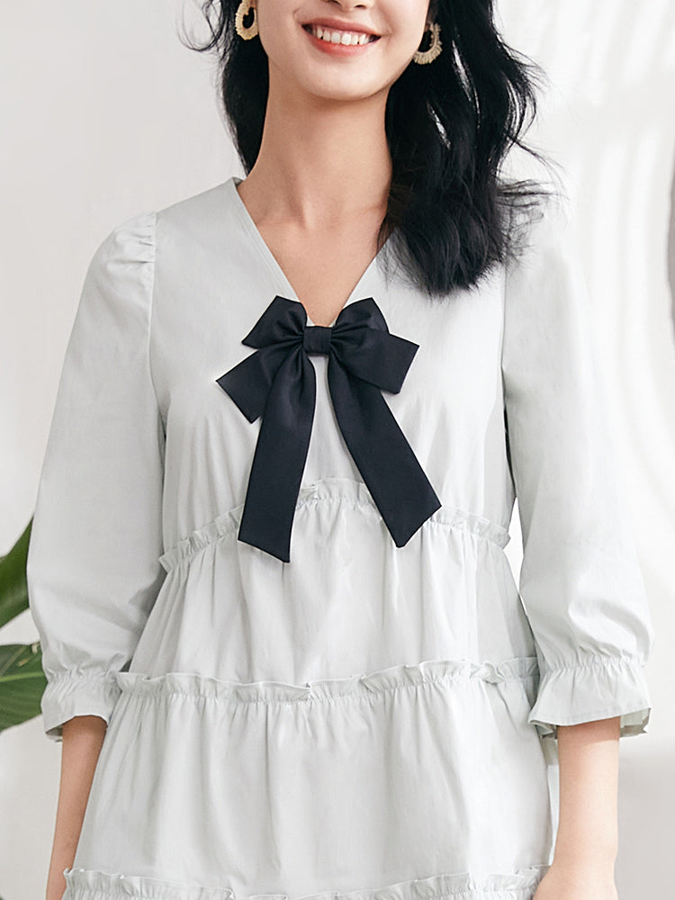 V Neck Bow Front Puff Sleeve Tiered Ruffle Pocket Babydoll Mini Dress