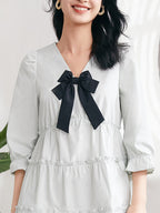 V Neck Bow Front Puff Sleeve Tiered Ruffle Pocket Babydoll Mini Dress