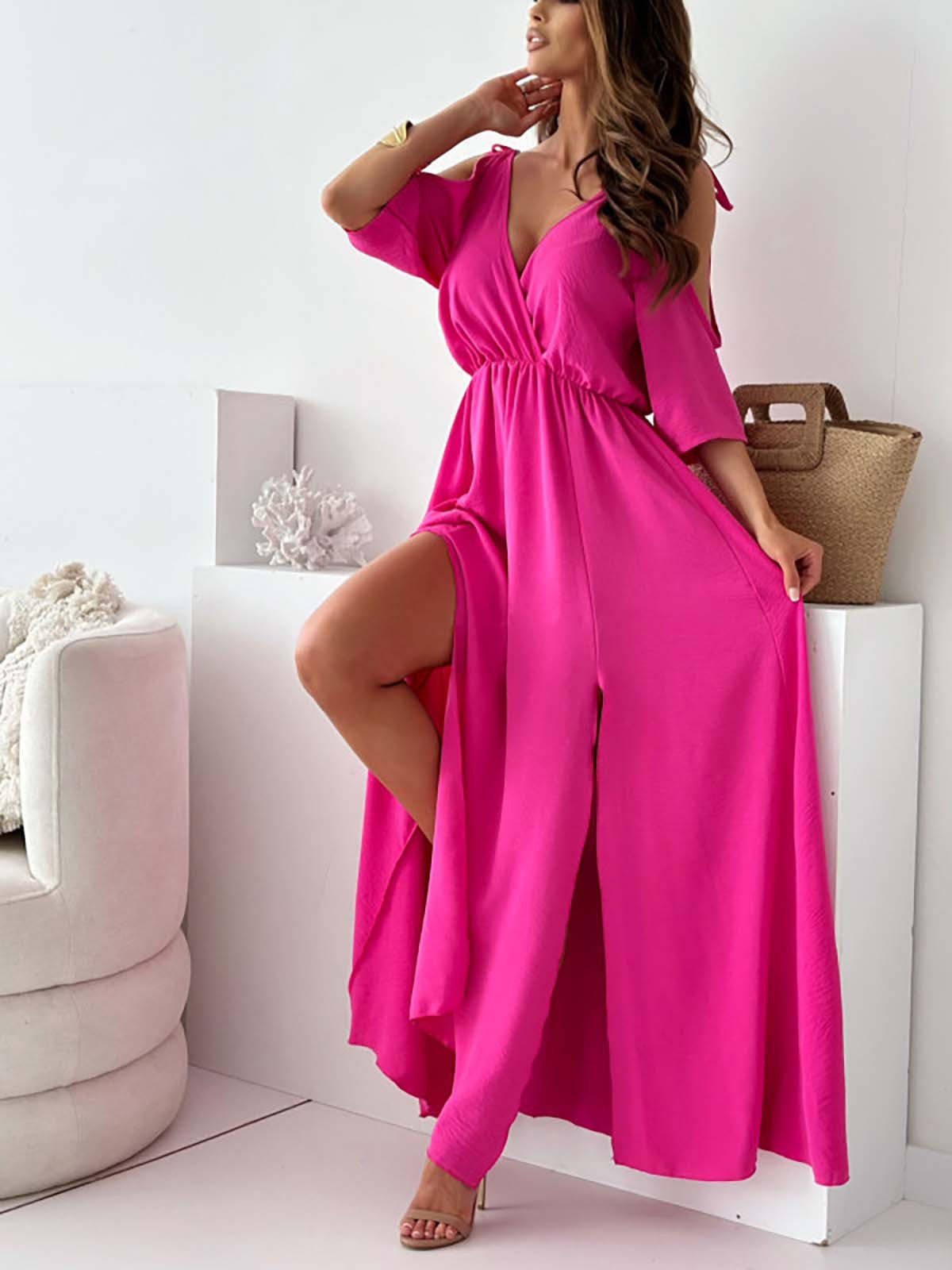 Patricia Minimalist Dress with V Neck and Side Slit Statement Occasion Edit