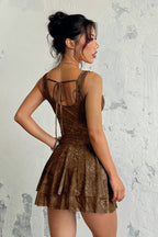 Deep V-Neck Spaghetti Strap Ruched Tiered Flared Mini Dress