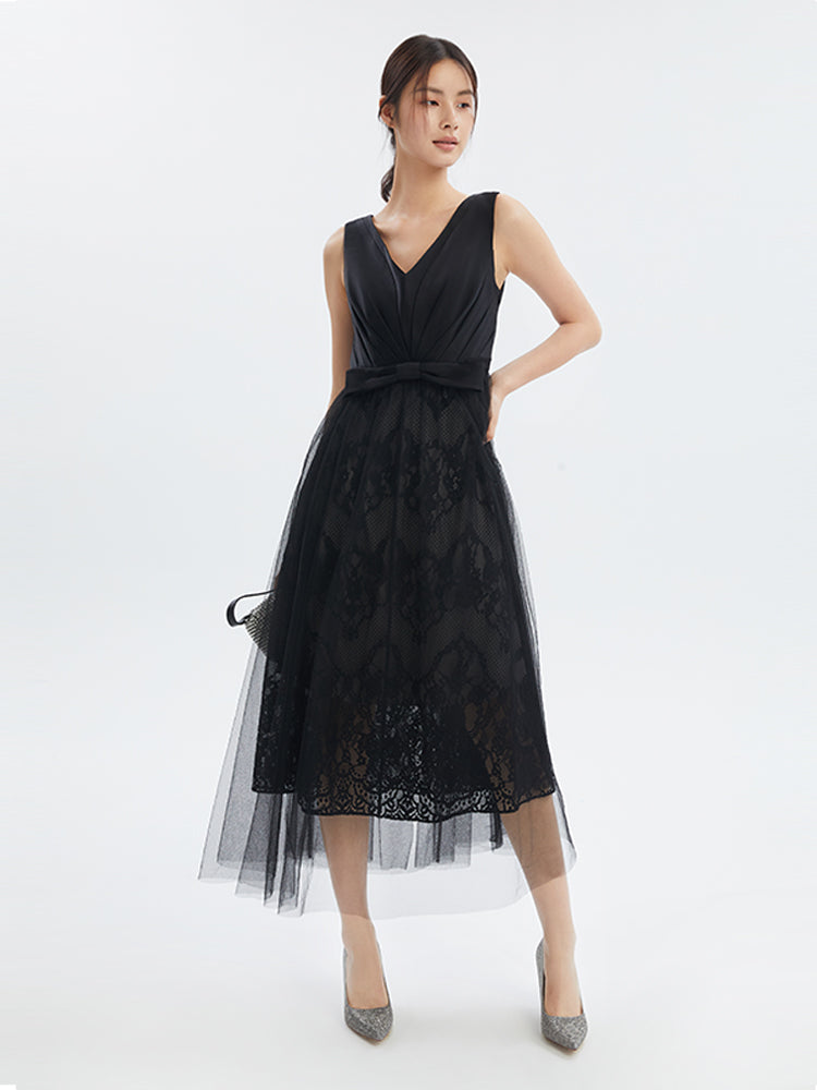 Deep V Neck Pleated Bodice Bow Waist Lace Mesh Overlay Midi Dress