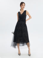 Deep V Neck Pleated Bodice Bow Waist Lace Mesh Overlay Midi Dress