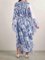 Chinoiserie Tiger Print Chiffon Deep V-Neck Batwing Kaftan Maxi Dress